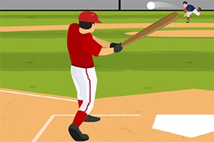 Egy baseballjátékos piros felszerelésben ütni készül a pályán, miközben a dobó közeledő labdát hajít
