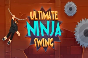 Egy rajzfilmszerű ninja bal oldalon tart egy kötelet, míg a háttérben két nagy fogaskerék látható egy téglafalon, középen a ULTIMATE NINJA SWING felirattal