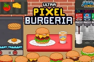 Pixeles stílusú kép hamburgerekkel, sült tojással, és egy italautomatával egy téglafal előtt