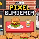 Pixeles stílusú kép hamburgerekkel, sült tojással, és egy italautomatával egy téglafal előtt