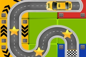 Egy sárga taxi halad egy kanyargós úton, amely sárga csillagokkal és fekete-fehér kockás céllal van díszítve, színes blokkok háttér előtt
