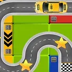 Egy sárga taxi halad egy kanyargós úton, amely sárga csillagokkal és fekete-fehér kockás céllal van díszítve, színes blokkok háttér előtt