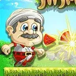Rajzfilmfigura bajuszos bácsi piros ruhában görögdinnye és teknős mellett zöld fűsávon