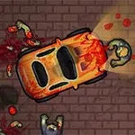 Narancssárga autó éjszaka elütött zombikat egy macskaköves úton, vérrel és végtagokkal körülvéve