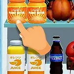 Egy kéz mutat egy polcra, amelyen mogyoróvaj, egy rák, narancslé és üdítősüveg látható