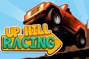 Narancssárga terepjáró emelkedőn halad, alatta színes UP HILL RACING felirat