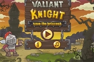Egy páncélos lovag áll egy középkori táj előtt, mellette egy fa tábla Valiant Knight - save the princess felirattal és játékgombokkal