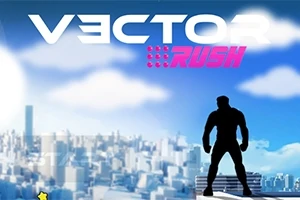 Fekete sziluett egy város fölött, felhős háttérrel és a Vector Rush felirattal