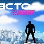 Fekete sziluett egy város fölött, felhős háttérrel és a Vector Rush felirattal