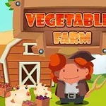 Rajzolt farmer áll egy vidéki táj előtt zöld mezővel és piros csűrrel, miközben három disznó áll mellette, és a fejléceden „Vegetables Farm” felirat látható
