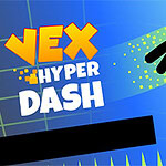 Sziluett figura ugrik egy akadály felett, mellette a „VEX HYPER DASH” felirat élénk színekkel
