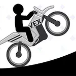 Egy pálcikaember motorozik fekete-fehér kerékpáron egy meredek emelkedőn, mellette sárga figyelmeztető jelzéssel