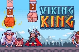 Rajzolt viking harcos középen, mellette két különb karakter, a háttérben hegyek és a Viking King felirat