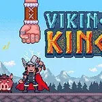 Rajzolt viking harcos középen, mellette két különb karakter, a háttérben hegyek és a Viking King felirat