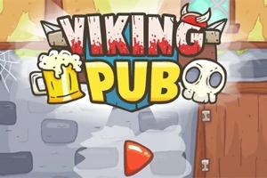 Rajzolt söröskorsó és koponya egy Viking Pub felirat mellett, háttérben egy kocsma fala és ajtaja látható