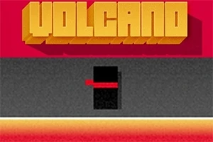 A kép közepén egy fekete és piros színű absztrakt forma látható, felül nagy, sárga VOLCANO felirattal, színes hátterek előtt