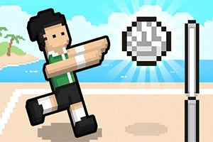 Pixeles stílusú karakter strandröplabdázik egy tengerparti háttérrel és napfénnyel