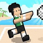 Pixeles stílusú karakter strandröplabdázik egy tengerparti háttérrel és napfénnyel