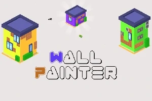 Három különböző színű ház izometrikus látványban, középen a Wall Painter felirattal
