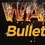 A kép egy sötét háttéren lévő WAR szót mutat, amely lángokban áll, alatta a Bullet szó és egy golyó ikon látható