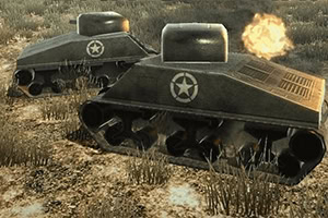 Két páncélos tank videojáték-stílusban, csillag jelzéssel, száraz füves területen, az egyik tüzelést ábrázoló fénnyel