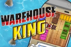 Egy csónak raktere a vízen, benne színes konténerek és a WAREHOUSE KING felirat