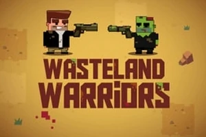 Két pixelart figura, az egyik ember, a másik zöld bőrű, katonai ruhában, egymásra szegezett fegyverekkel állnak, alul a Wasteland Warriors felirat