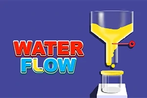 A képen egy sárga folyadék ömlik egy üvegedénybe egy kék háttér előtt, bal oldalon piros és kék WATER FLOW felirattal