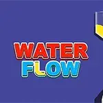 A képen egy sárga folyadék ömlik egy üvegedénybe egy kék háttér előtt, bal oldalon piros és kék WATER FLOW felirattal