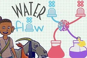 Fiatal nő és kecske áll egy kémcsövekkel és különböző folyadékvezetékekkel illusztrált háttér előtt, a Water flow szöveg mellett