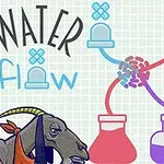 Fiatal nő és kecske áll egy kémcsövekkel és különböző folyadékvezetékekkel illusztrált háttér előtt, a Water flow szöveg mellett