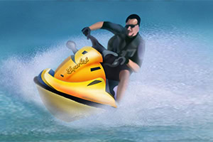 Egy férfi sárga jet ski-n száguld a vízen, miközben napszemüveget visel