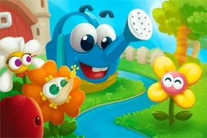 Mosolygó, animált kék locsolókanna és vidám, színes virágok egy napsütéses kertben