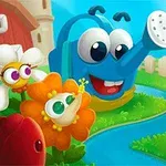 Mosolygó, animált kék locsolókanna és vidám, színes virágok egy napsütéses kertben