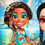 Két rajzfilmszerű, élénk színekben ábrázolt karakter, az egyik türkiz fürdőruhában a tengerparton, a másik fekete ruhában vörös szemsminkkel