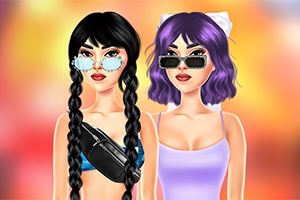 Két rajzolt fiatal nő napszemüvegben, az egyik fekete fonott hajjal és fekete crop toppal, a másik lila bob frizurával és lila ruhában, elmosódott narancssárga háttér előtt