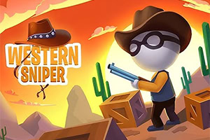 Egy rajzfilmszerű figurát látunk cowboy kalapban és napszemüvegben, aki puskát tart a kezében egy sivatagi környezetben, háttérben kaktuszokkal és ládákkal
