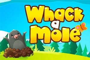 Színes grafika egy földkupacon ülő vakonddal, háttérben kék ég, zöld fák és Whack a Mole felirat