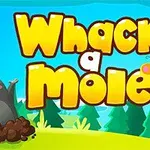 Színes grafika egy földkupacon ülő vakonddal, háttérben kék ég, zöld fák és Whack a Mole felirat