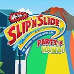 Rajzolt figura fürdőnadrágban és szörfdeszkával áll egy csúszda előtt, háttérben egy vulkánnal és Slip n Slide Party in Hawaii felirattal
