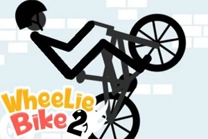 Egy bottestű figura sisakban kerékpározik egy fal előtt, miközben a „Wheelie Bike 2” felirat látható