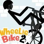 Egy bottestű figura sisakban kerékpározik egy fal előtt, miközben a „Wheelie Bike 2” felirat látható