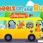 Sárga busz tele állatokkal és Wheels on the Bus felirattal