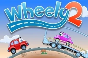Rajzfilmszerű piros autó hegyen, és rózsaszín autó utánfutón, kék Wheely 2 felirat felett
