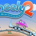 Rajzfilmszerű piros autó hegyen, és rózsaszín autó utánfutón, kék Wheely 2 felirat felett