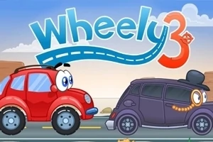 Két rajzfilmes autó egymás mellett egy úton, egyik piros színű, a másik fekete cilinderben, a háttérben kék égbolt felhőkkel és a Wheely 3 felirat