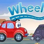 Két rajzfilmes autó egymás mellett egy úton, egyik piros színű, a másik fekete cilinderben, a háttérben kék égbolt felhőkkel és a Wheely 3 felirat