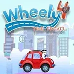 Piros, rajzfilmszerű autó kerek szemekkel a felhők között és Wheely 4 Time Travel felirat háttérben futurisztikus városképpel