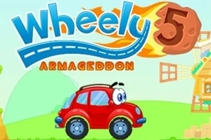 Egy piros, kerek szemű autó egy zöld vidéki tájon, háttérben szélmalommal és az Armageddon felirattal