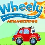 Egy piros, kerek szemű autó egy zöld vidéki tájon, háttérben szélmalommal és az Armageddon felirattal